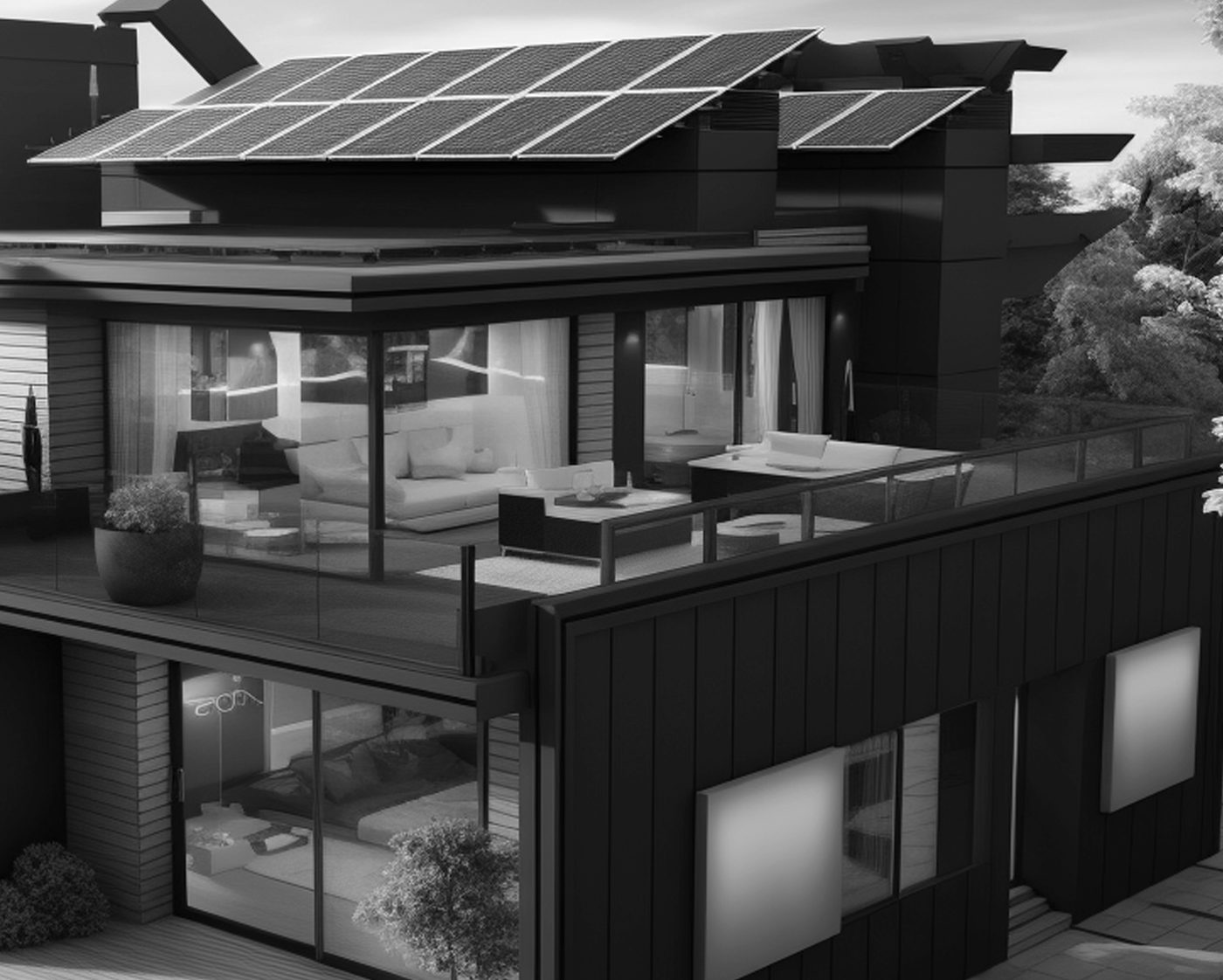 Modern home with rooftop solar panels